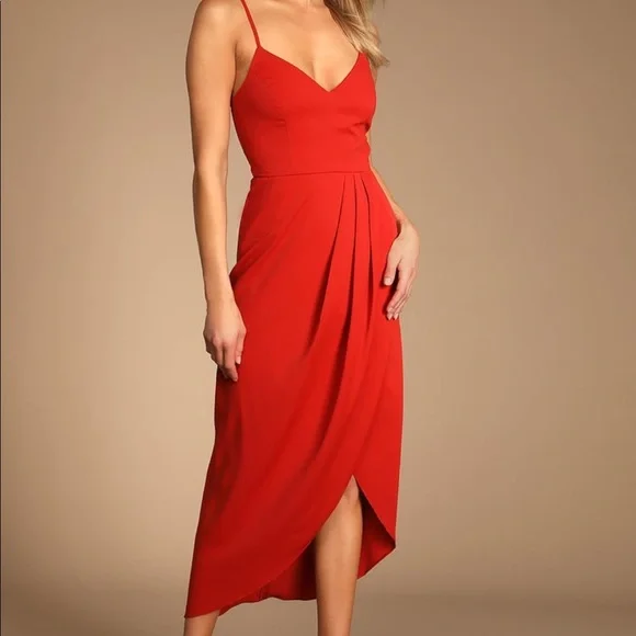 lulus red midi dress Distinctive Charm Red Orange Satin Asymmetrical Midi Dress